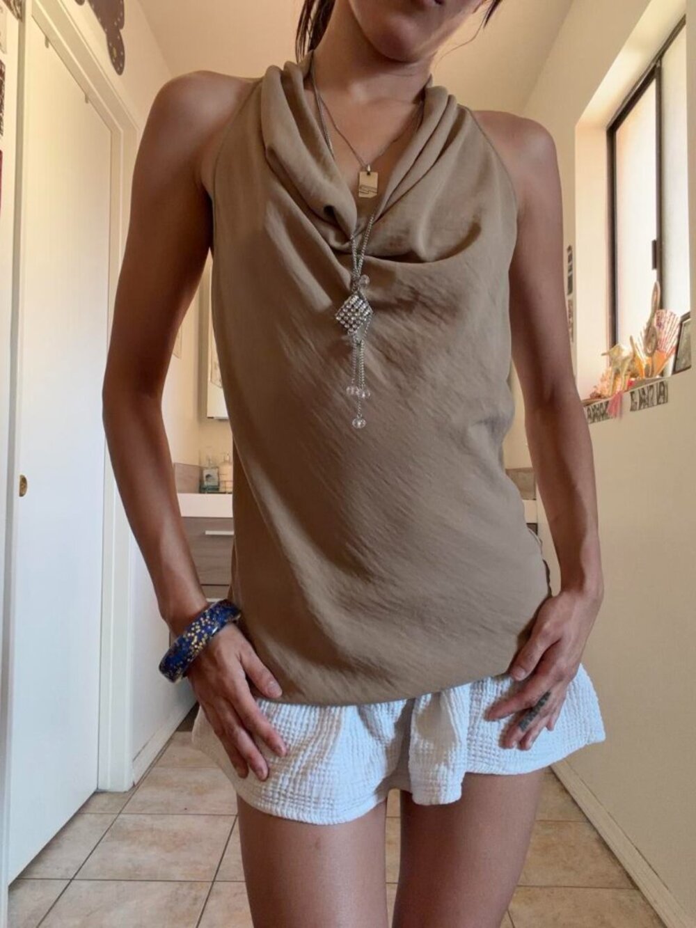 Vintage Tan Cowl Neck Satin Halter Top